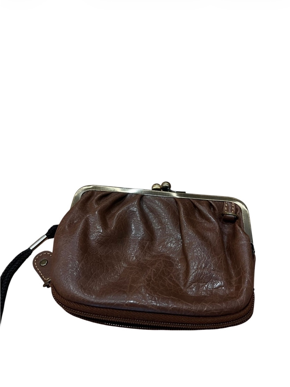 Brown Leather Kiss-Lock Wristlet Wallet - Unbranded